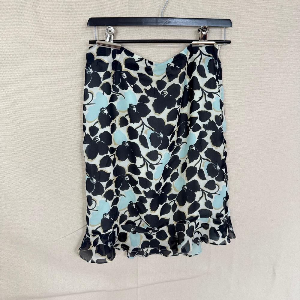 Vintage Ann Taylor Factory Floral Ruffle Hem Midi Skirt Blue Black White Size 12 - Picture 3 of 6